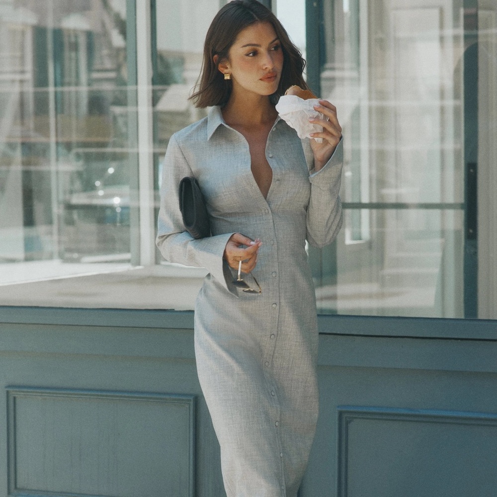 *SOLD* MESHKI Dorian Fitted Shirt Midi Dress in Charcoal Marle